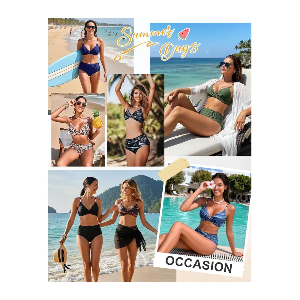 Twisted High Waist Bikini Set V Neck Slim Tummy Control Two Pieces with — Vagues Café