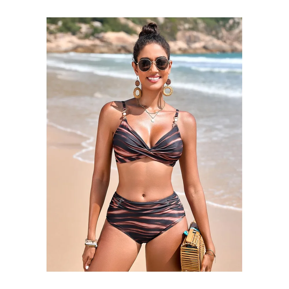 Twisted High Waist Bikini Set V Neck Slim Tummy Control Two Pieces with — Vagues Café