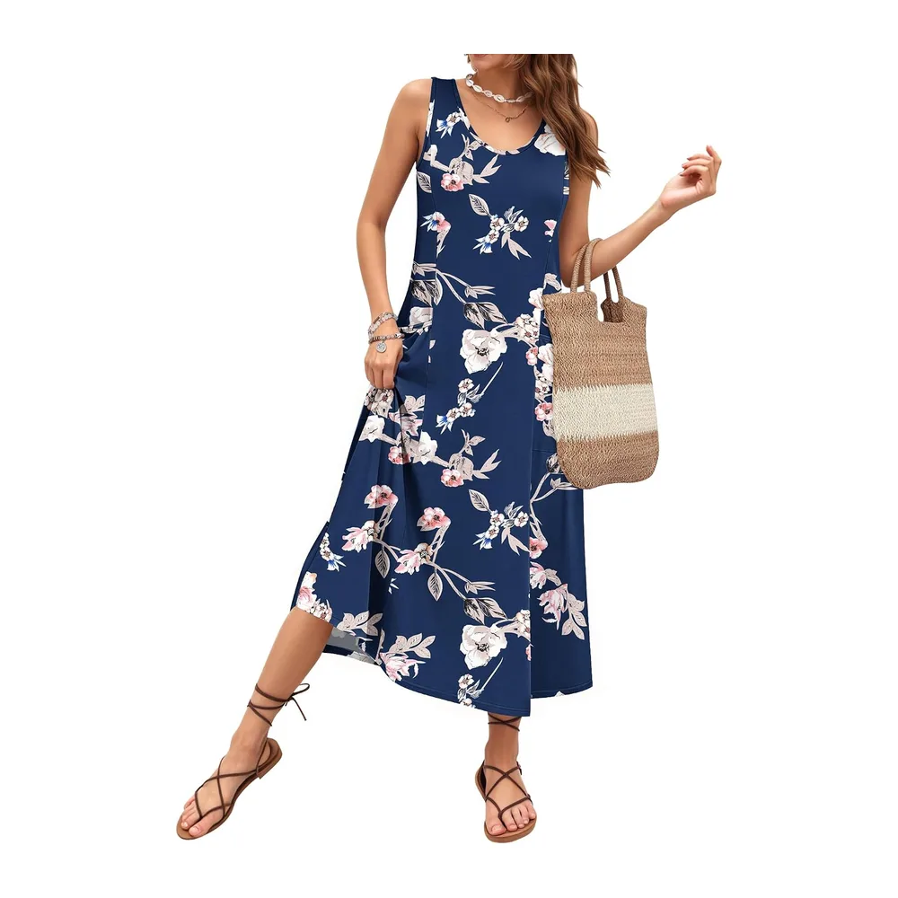 Robe Longue ete sans Manches Robe de Plage Coupe trapèze Longues Style — Fleur Bleue