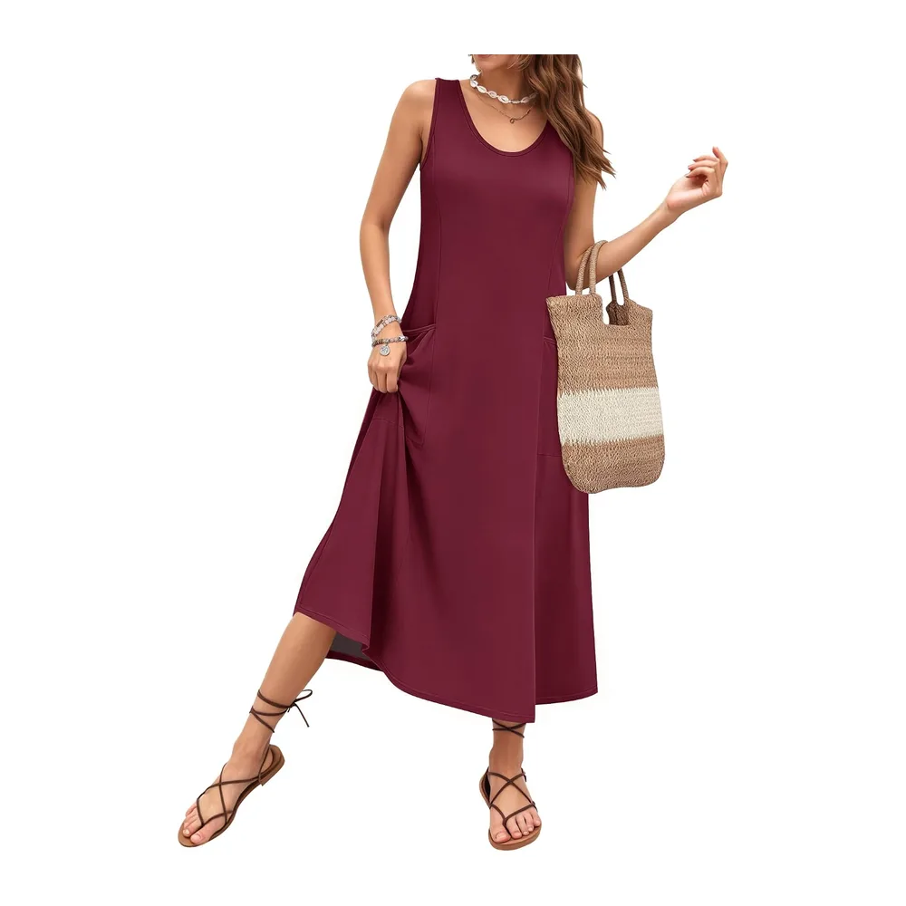 Robe Longue ete sans Manches Robe de Plage Coupe trapèze Longues Style — Rouge Vin