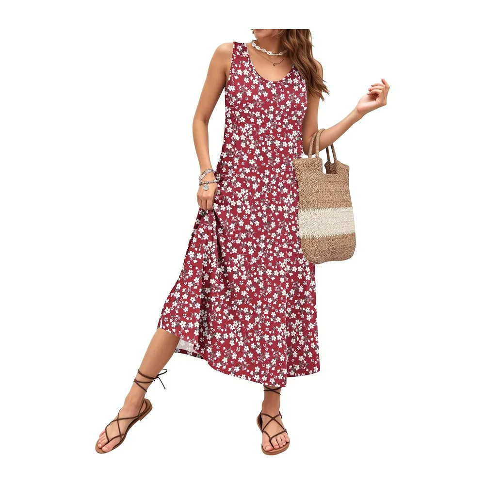 Robe Longue ete sans Manches Robe de Plage Coupe trapèze Longues Style — Fleurs Rouges