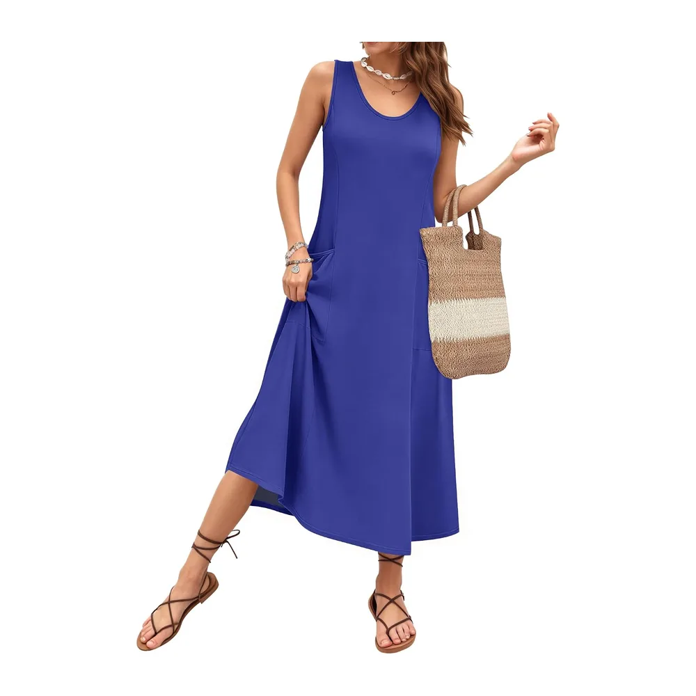 Robe Longue ete sans Manches Robe de Plage Coupe trapèze Longues Style — Bleu Royal