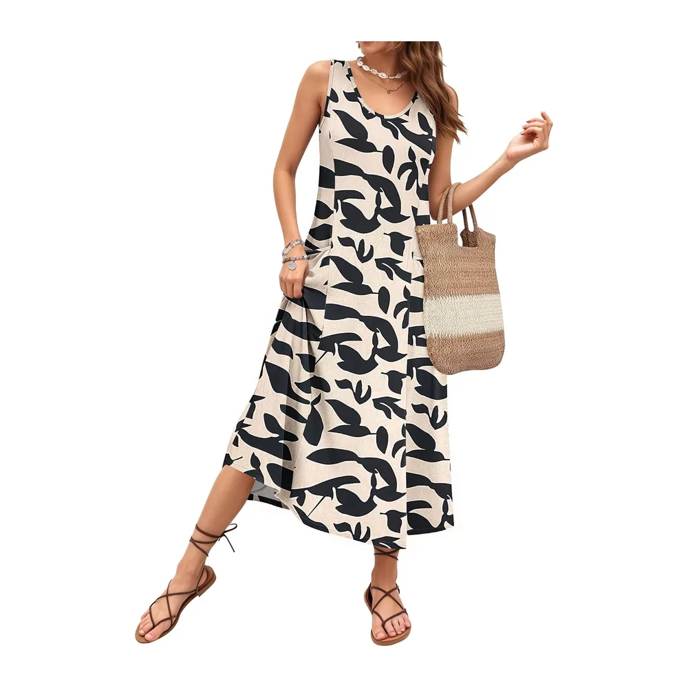 Robe Longue ete sans Manches Robe de Plage Coupe trapèze Longues Style — Feuille Noire