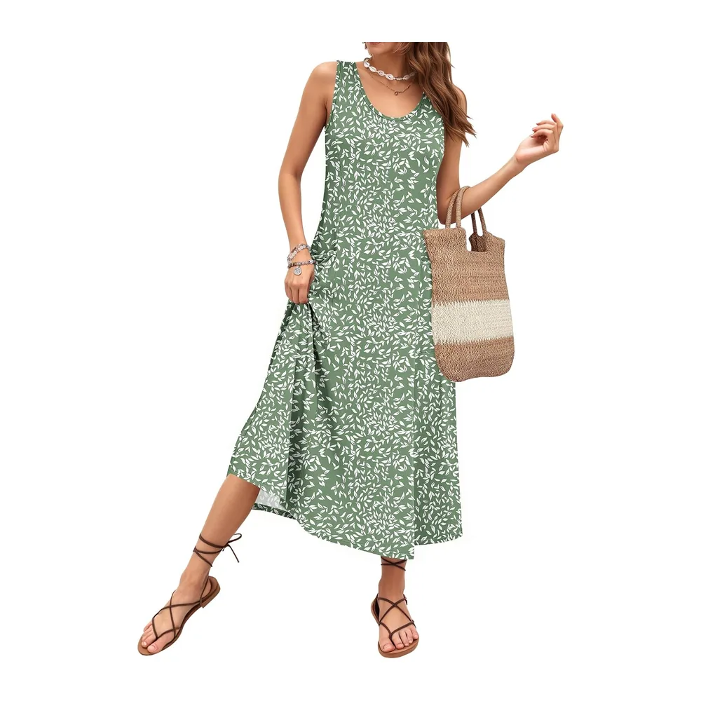 Robe Longue ete sans Manches Robe de Plage Coupe trapèze Longues Style — Olive Clair