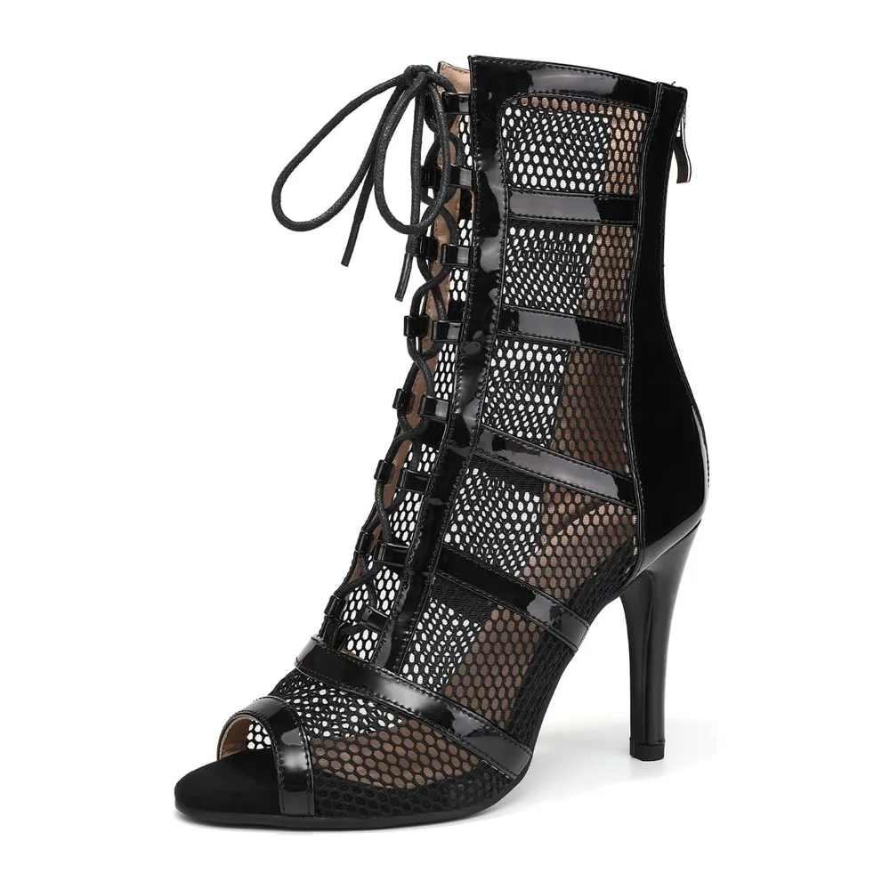 Bottines de Danse Latine de Salon Talons Hauts Salsa et — Brillant Noir 9 5cm Gomme Sole