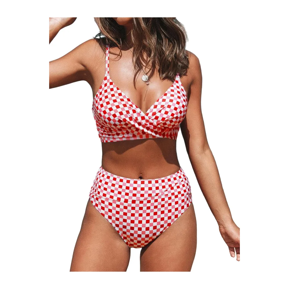 Bikini Torsadé Taille Haute Ensemble Bikini Col V Élégant Maillots de Bain — Vichy Rouge.