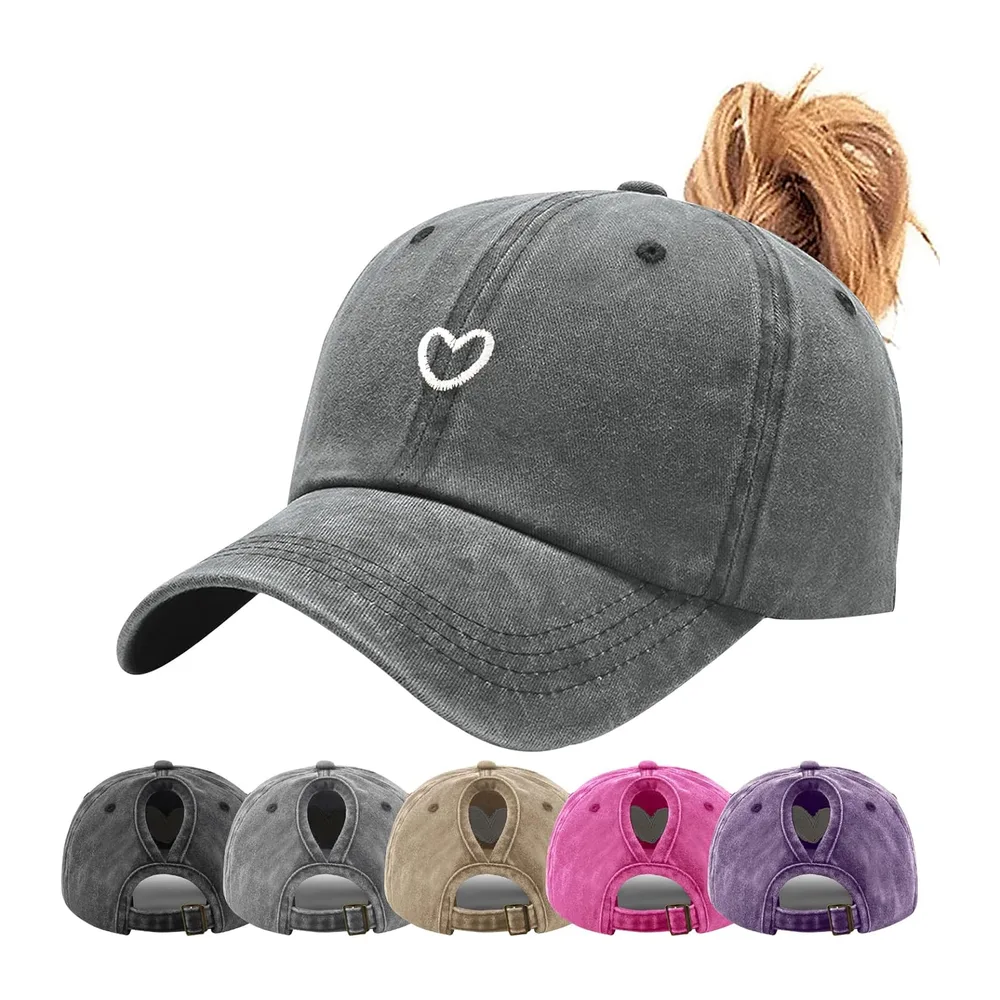 Queue de Cheval Casquette de Baseball avec Motif Cœur Brodé Classique et Look Vintage