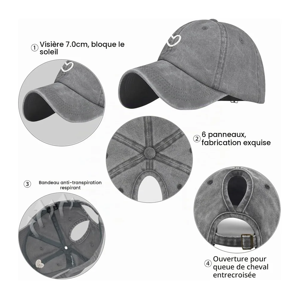 Queue de Cheval Casquette de Baseball avec Motif Cœur Brodé Classique et Look Vintage