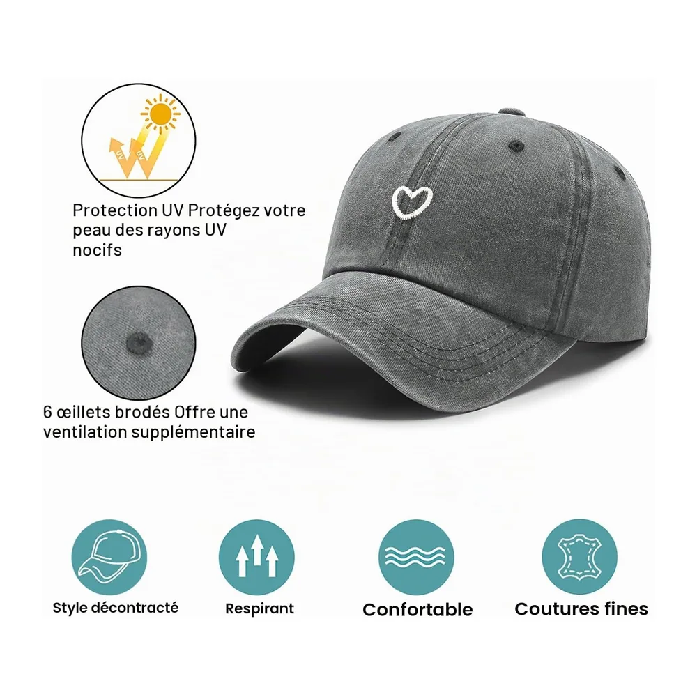 Queue de Cheval Casquette de Baseball avec Motif Cœur Brodé Classique et Look Vintage