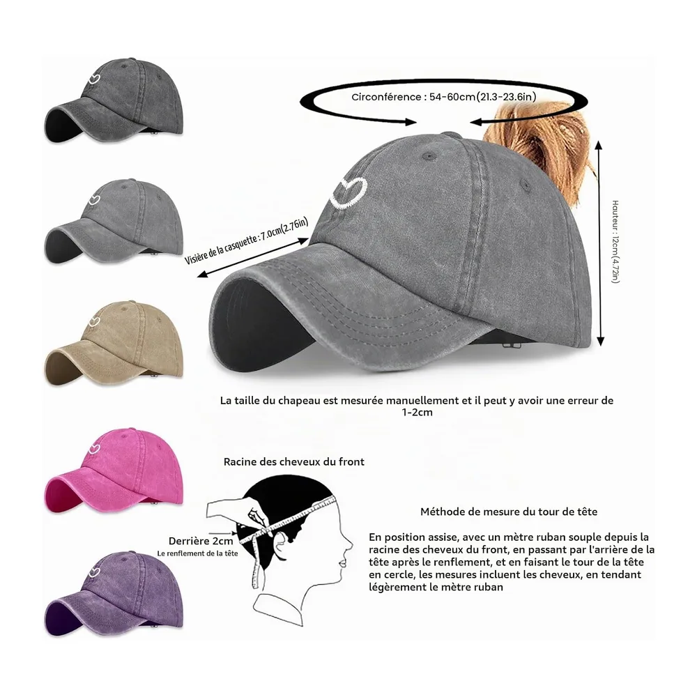 Queue de Cheval Casquette de Baseball avec Motif Cœur Brodé Classique et Look Vintage