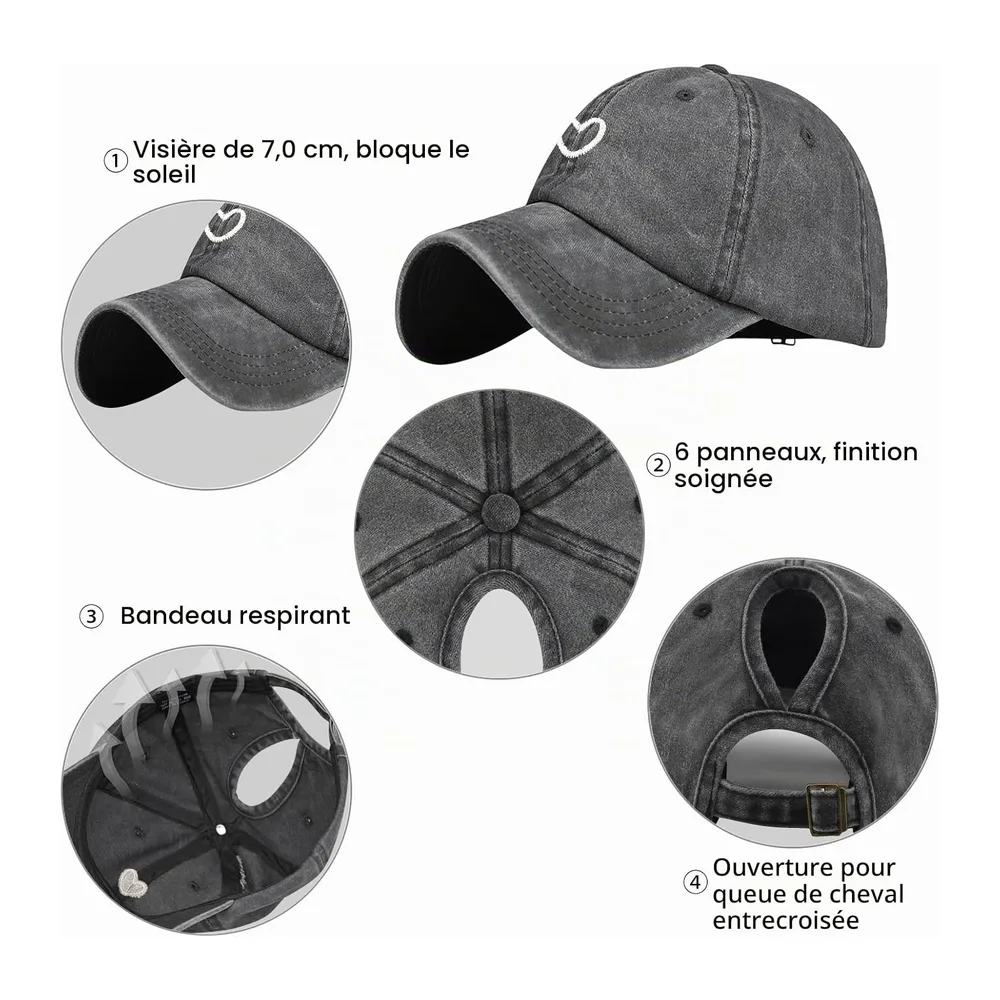 Queue de Cheval Casquette de Baseball avec Motif Cœur Brodé Classique et Look Vintage