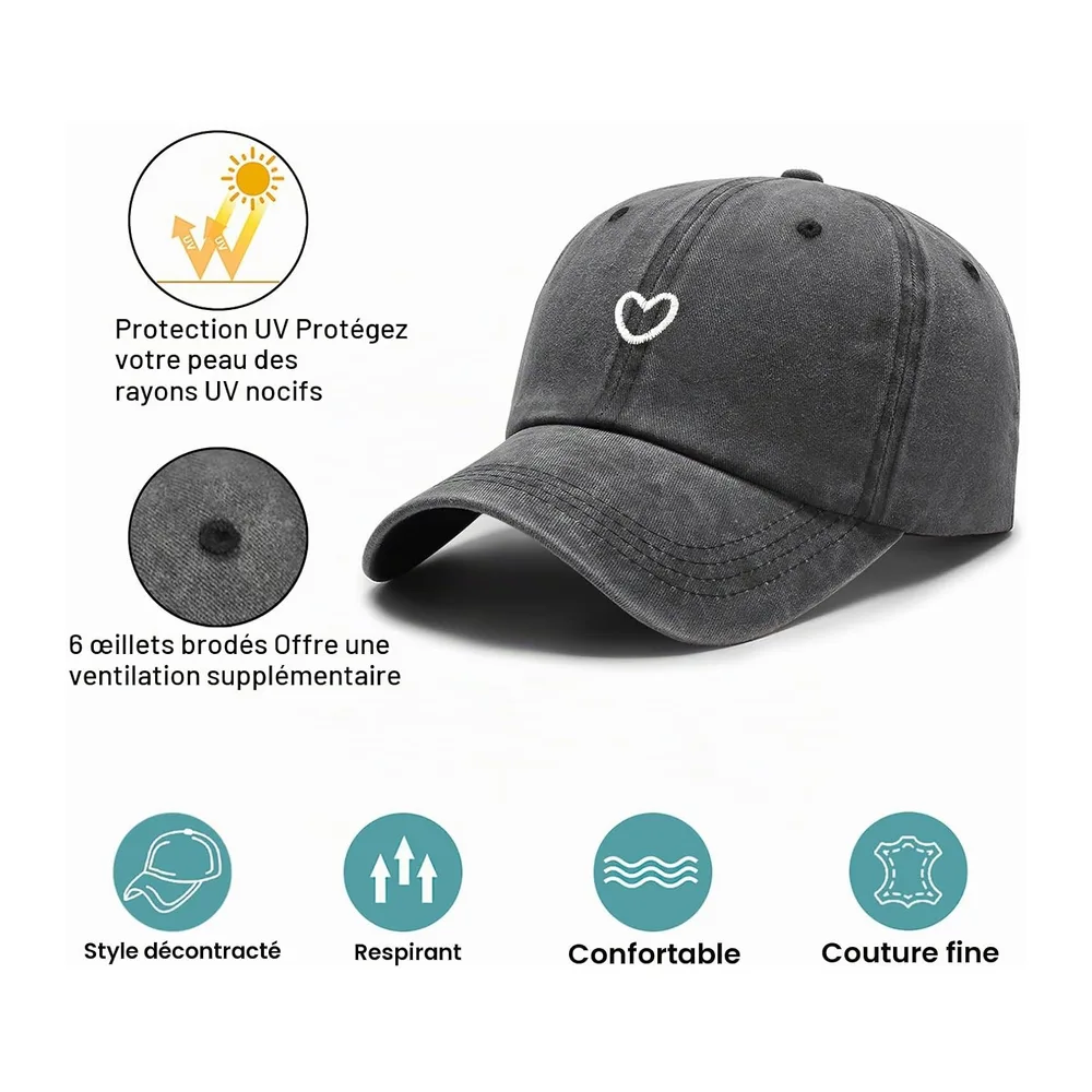 Queue de Cheval Casquette de Baseball avec Motif Cœur Brodé Classique et Look Vintage