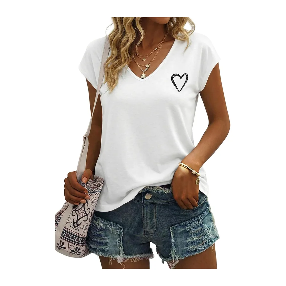 V-Neck Short Sleeve Heart Print T-Shirt — Blanc