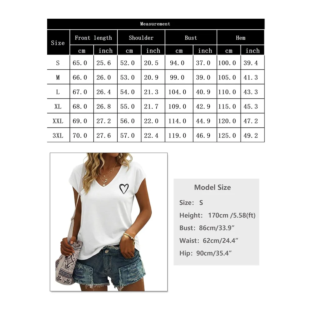 V-Neck Short Sleeve Heart Print T-Shirt — Blanc