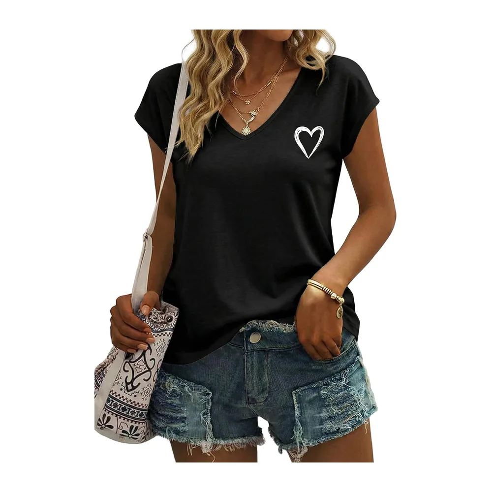 V-Neck Short Sleeve Heart Print T-Shirt — Noir