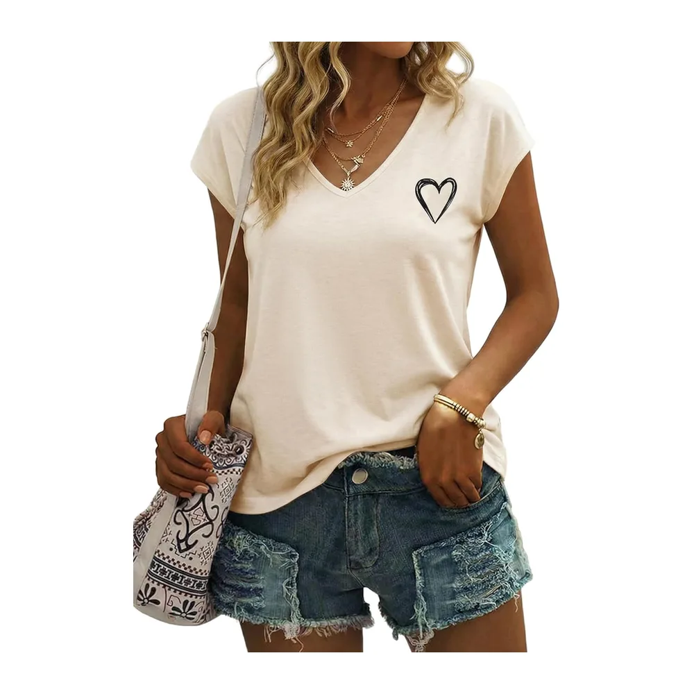 V-Neck Short Sleeve Heart Print T-Shirt — Beige