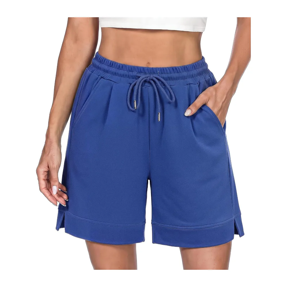 Short Sport Taille Haute avec Poches Fente Latérale Bermuda Été pour Fitness — B Bleu Roi