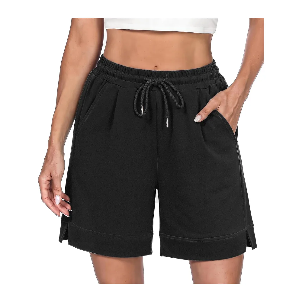 Short Sport Taille Haute avec Poches Fente Latérale Bermuda Été pour Fitness — B Noir