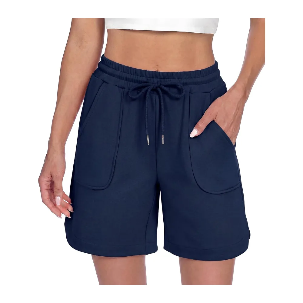 Short Sport Taille Haute avec Poches Fente Latérale Bermuda Été pour Fitness — Bleu Foncé