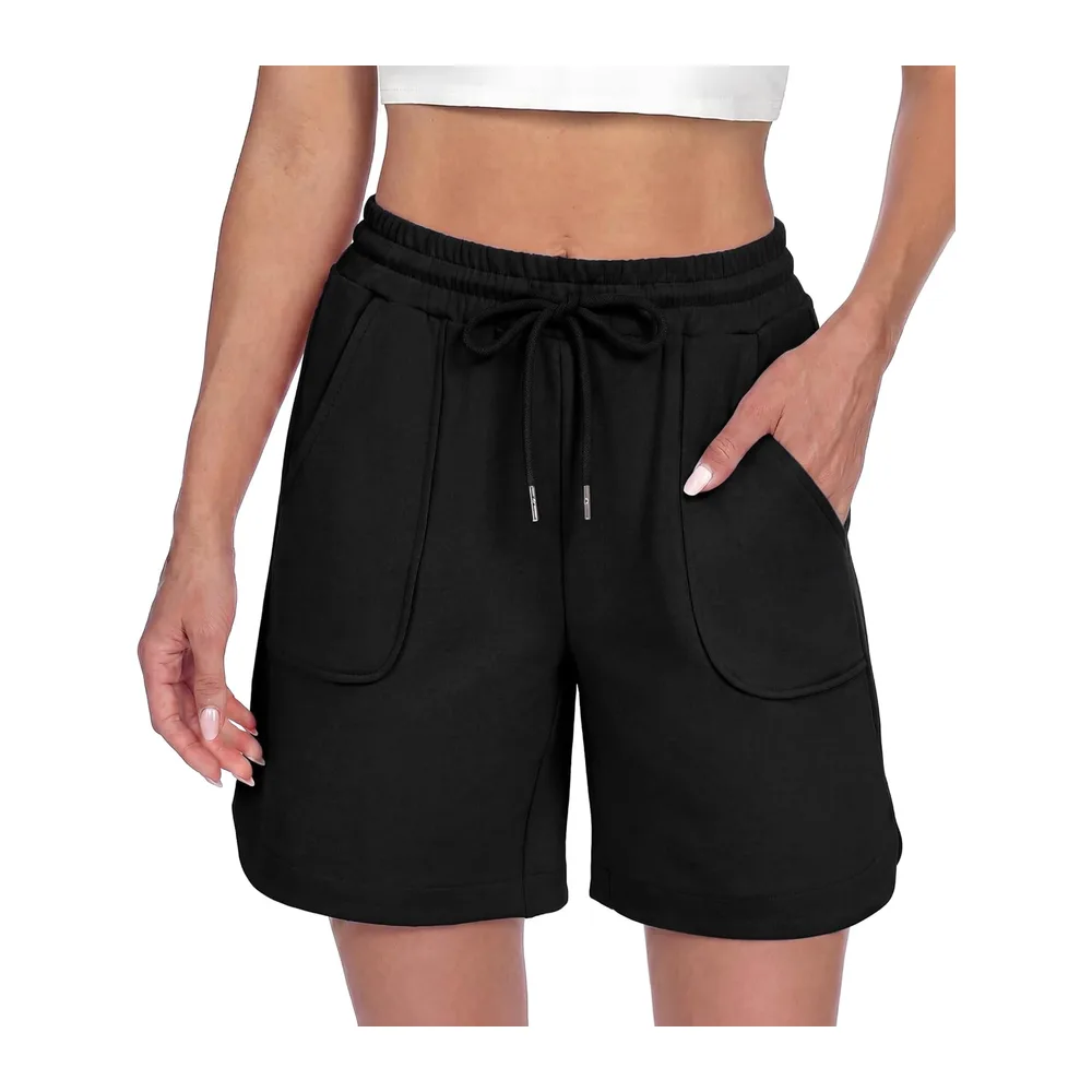 Short Sport Taille Haute avec Poches Fente Latérale Bermuda Été pour Fitness — Noir