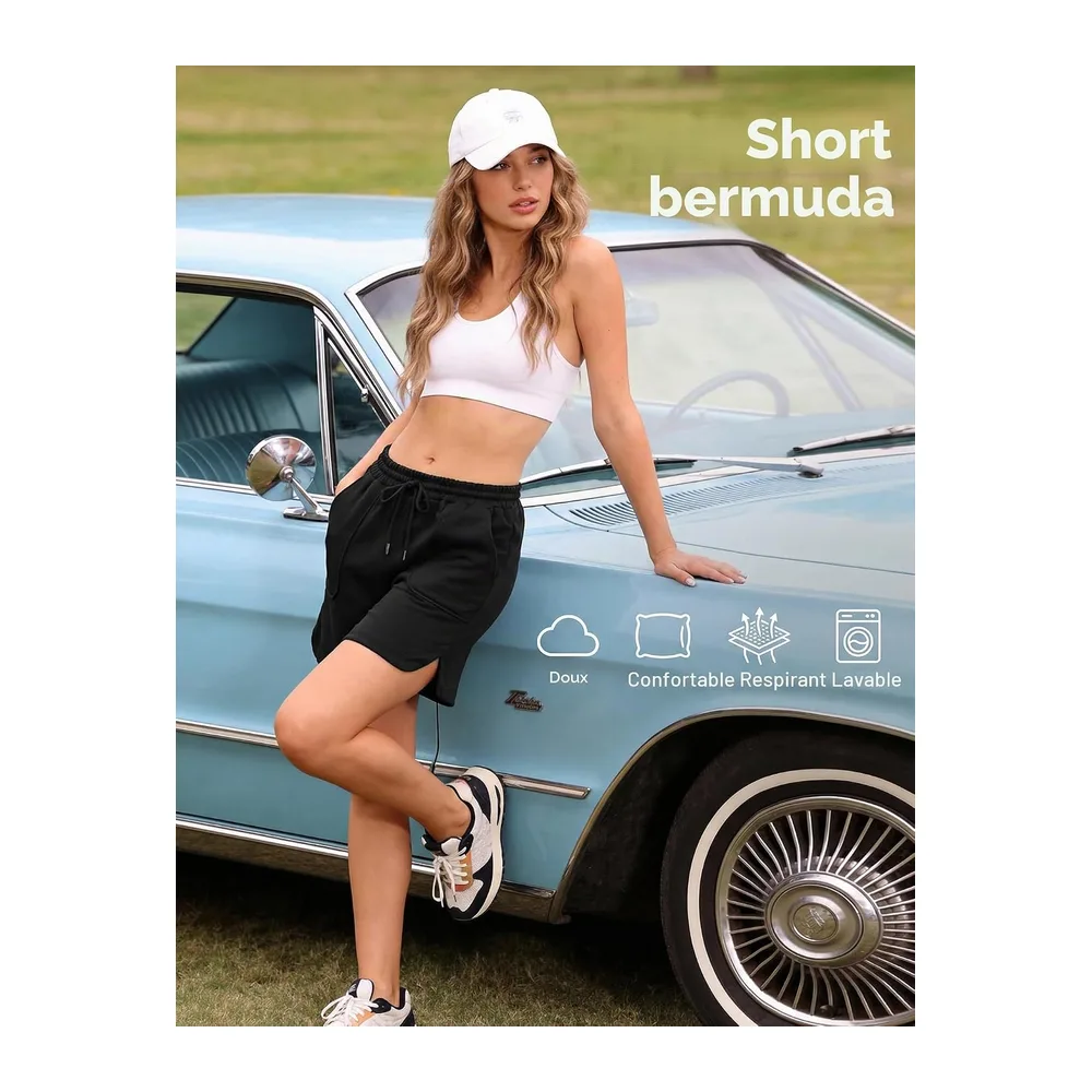 Short Sport Taille Haute avec Poches Fente Latérale Bermuda Été pour Fitness — Noir