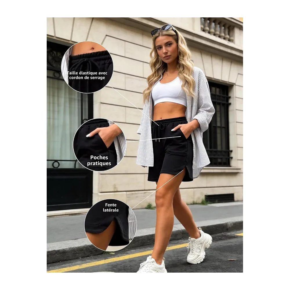 Short Sport Taille Haute avec Poches Fente Latérale Bermuda Été pour Fitness — Noir