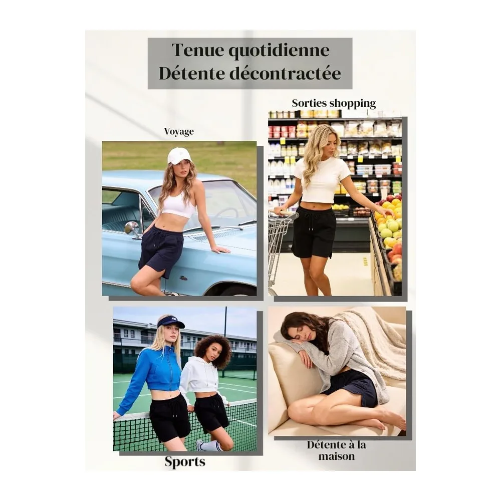 Short Sport Taille Haute avec Poches Fente Latérale Bermuda Été pour Fitness — Noir