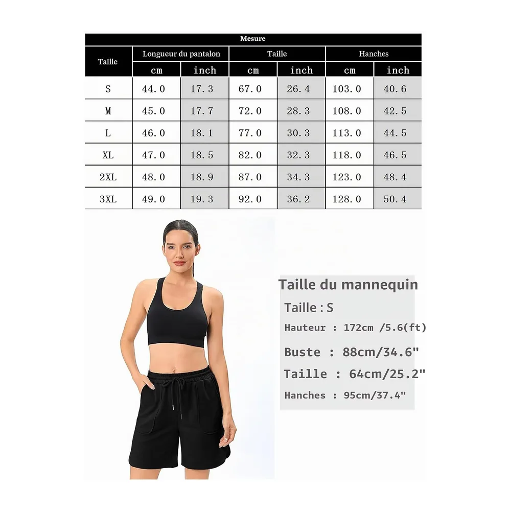Short Sport Taille Haute avec Poches Fente Latérale Bermuda Été pour Fitness — Noir