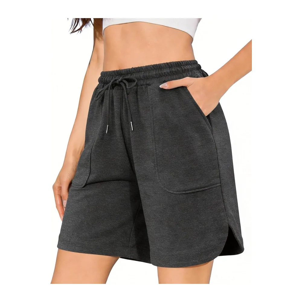 Short Sport Taille Haute avec Poches Fente Latérale Bermuda Été pour Fitness — Gris Foncé