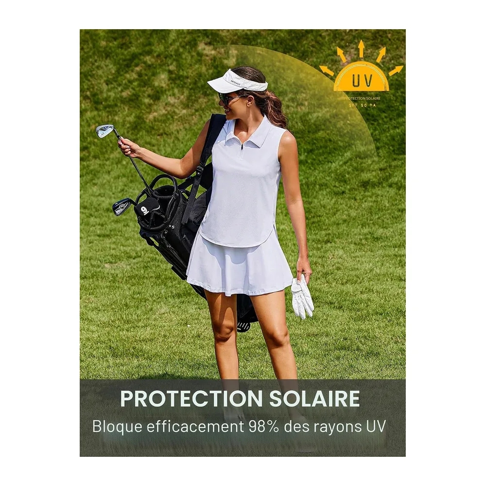 Sleeveless Polo Shirt Sports Tank Top UPF 50+ UV Protection Breathable Summer T — Blanc