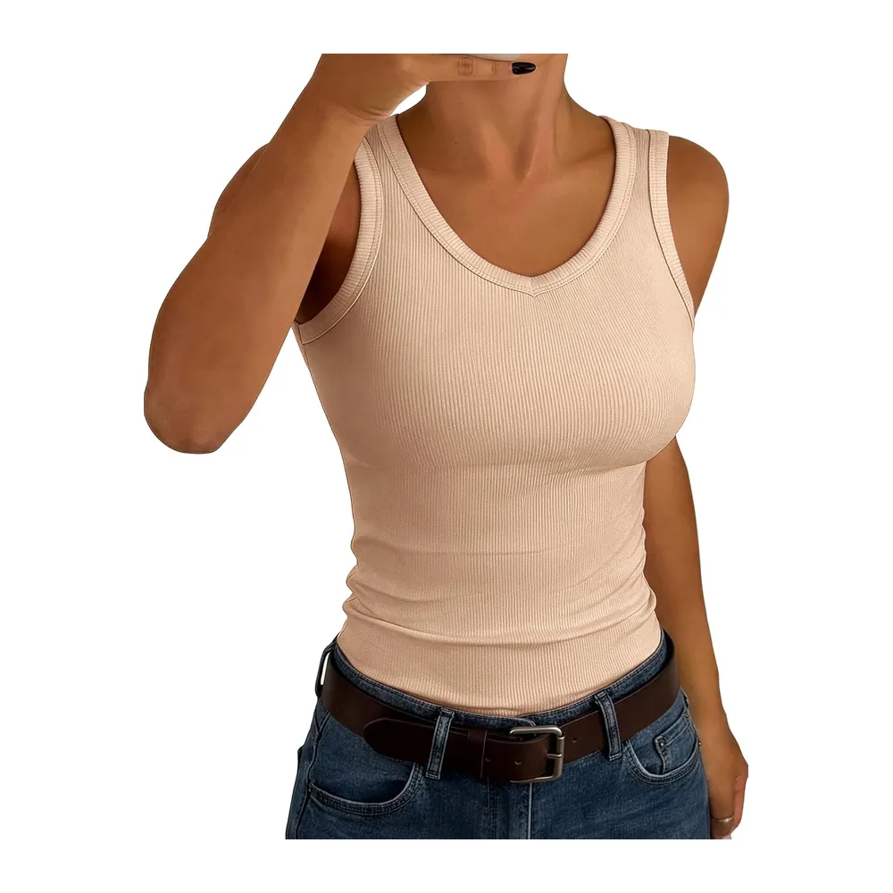 V Neck Sleeveless Ribbed Summer Tank Top Slim Plain Top — Abricot