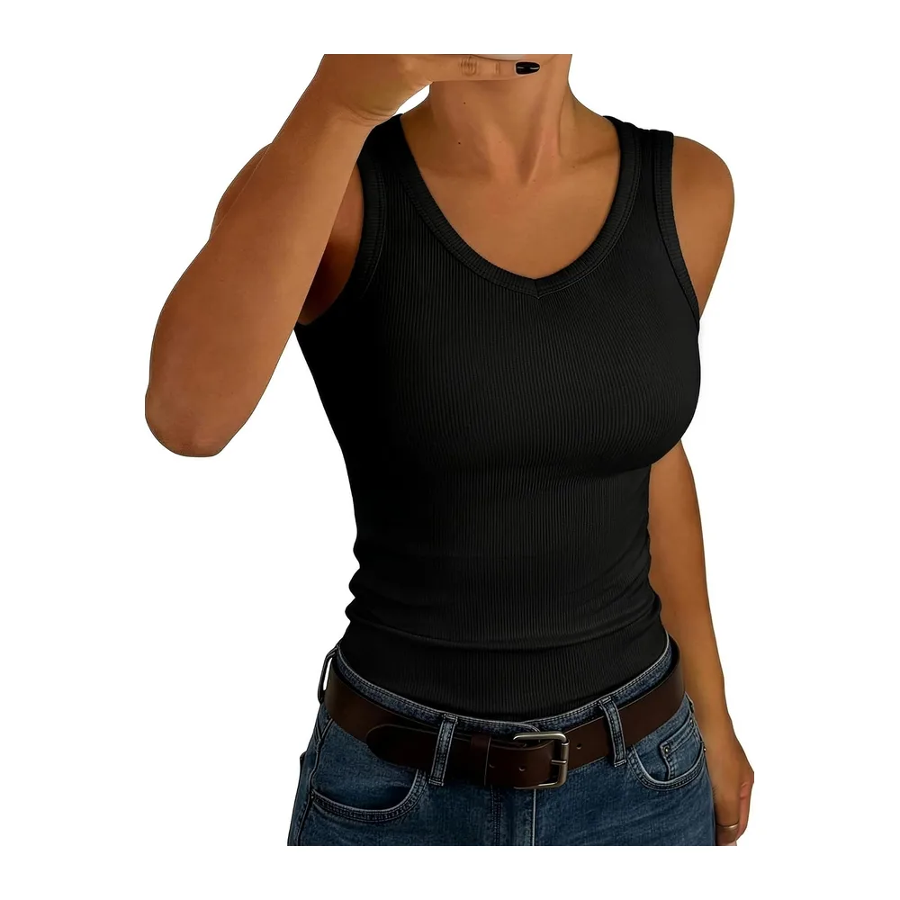 V Neck Sleeveless Ribbed Summer Tank Top Slim Plain Top — Noir