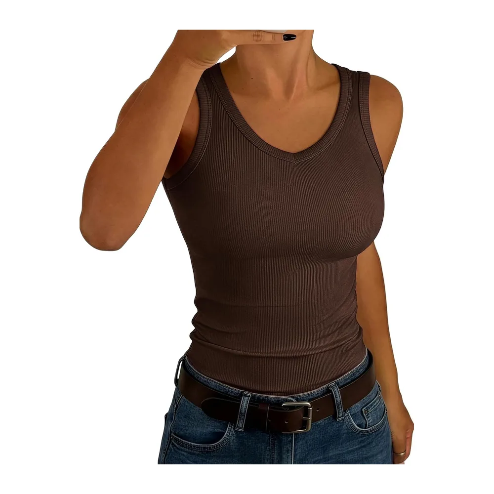 V Neck Sleeveless Ribbed Summer Tank Top Slim Plain Top — Marron