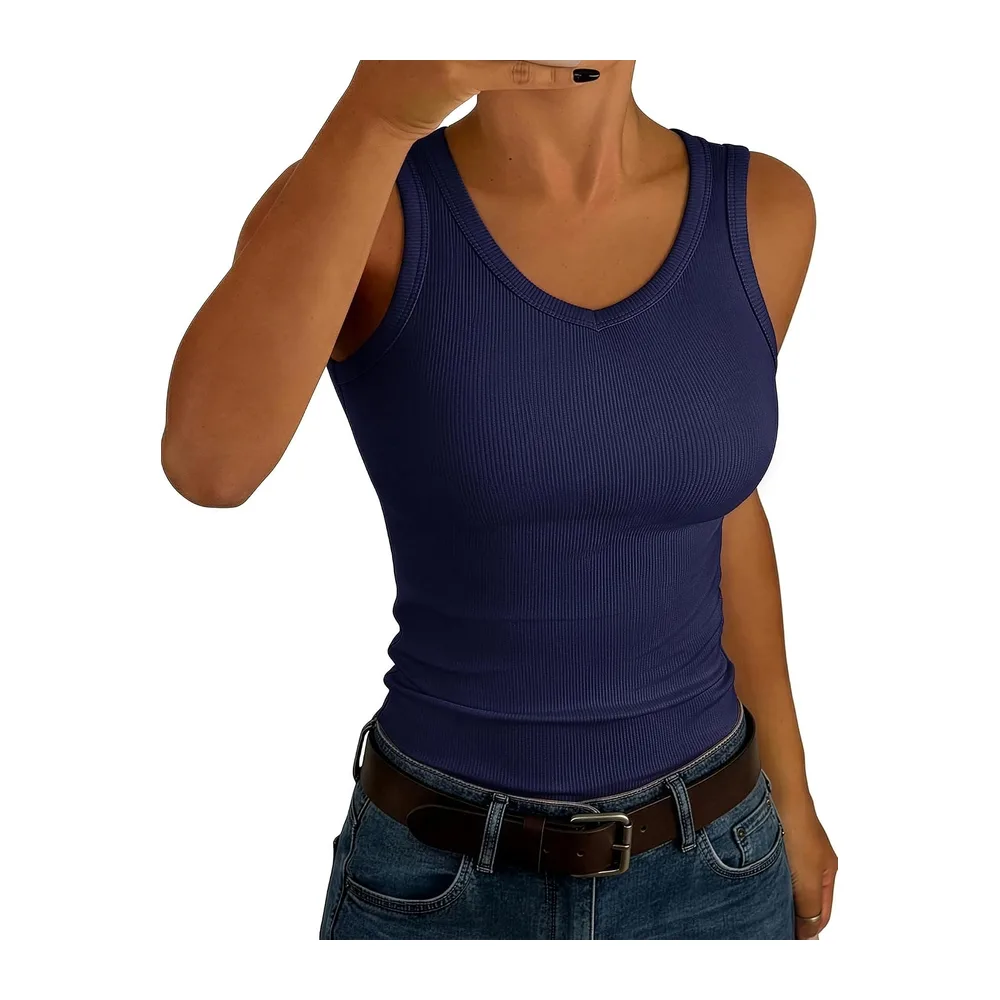 V Neck Sleeveless Ribbed Summer Tank Top Slim Plain Top — Bleu Marine