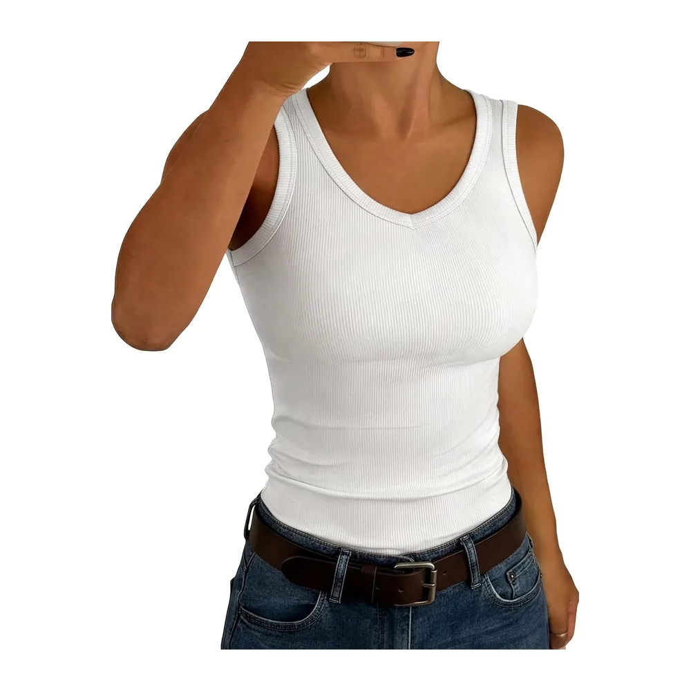 V Neck Sleeveless Ribbed Summer Tank Top Slim Plain Top — Blanc