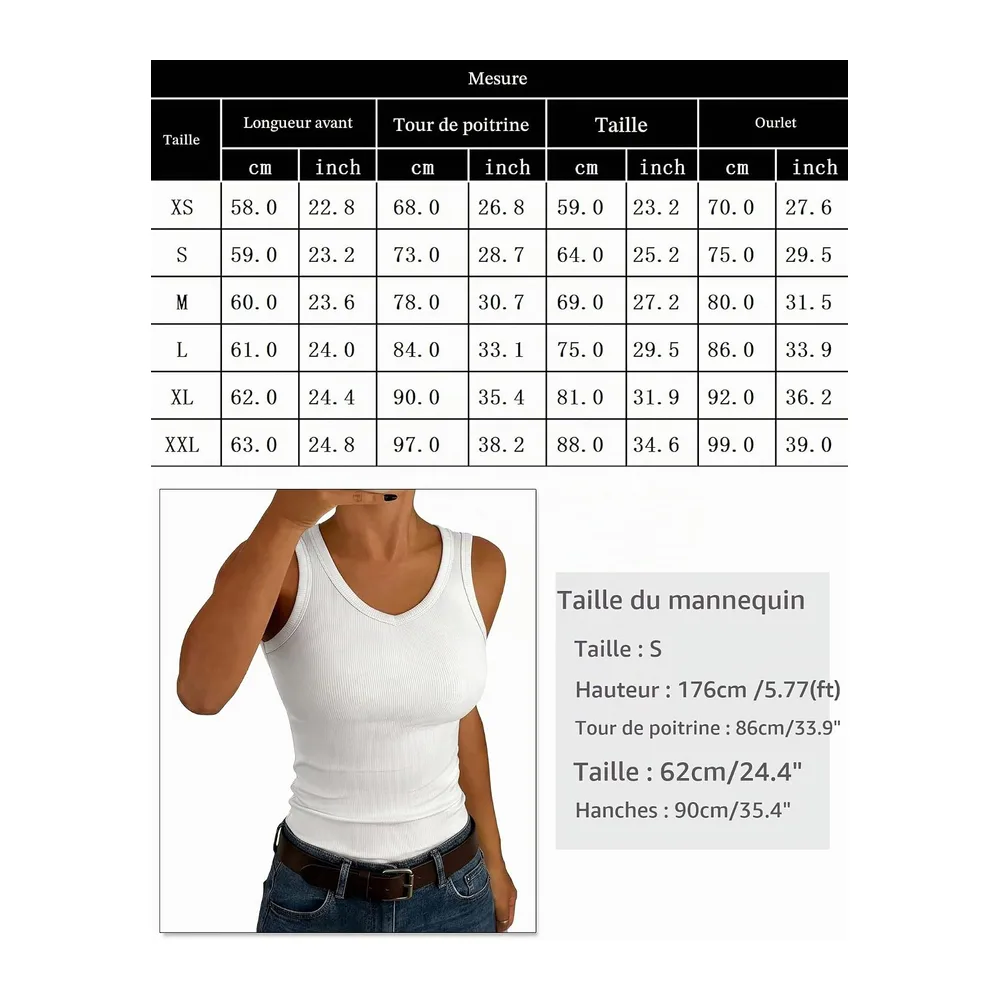 V Neck Sleeveless Ribbed Summer Tank Top Slim Plain Top — Blanc