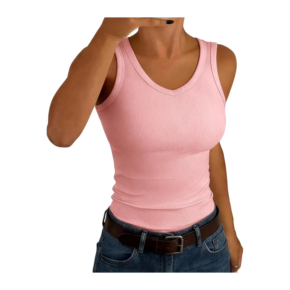 V Neck Sleeveless Ribbed Summer Tank Top Slim Plain Top — Rose