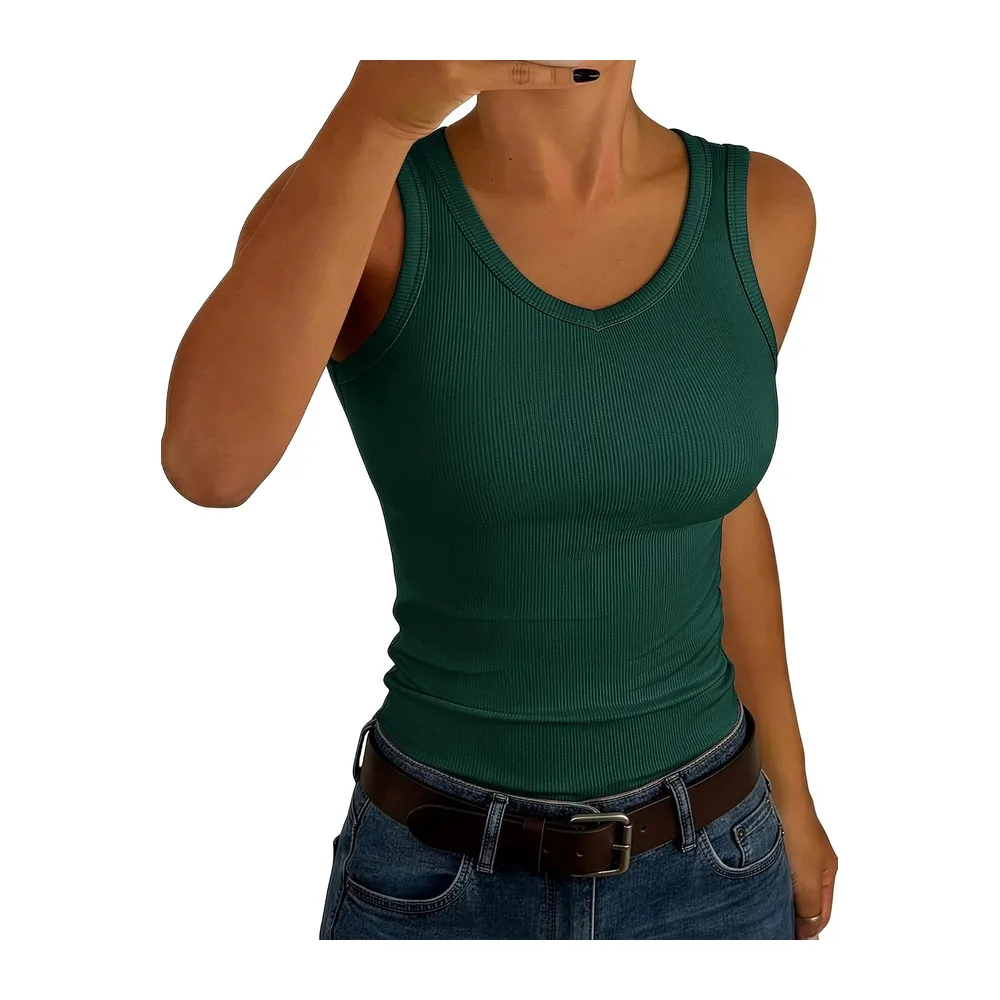 V Neck Sleeveless Ribbed Summer Tank Top Slim Plain Top — Vert