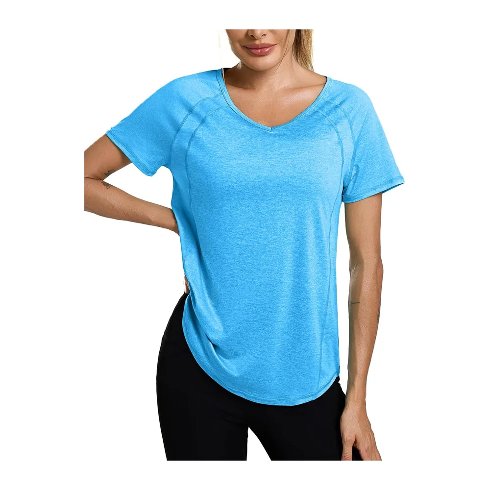 Short-Sleeved V-Neck Sports T-Shirts and Tops Quick Dry Top Yoga Running — Bleu Ciel