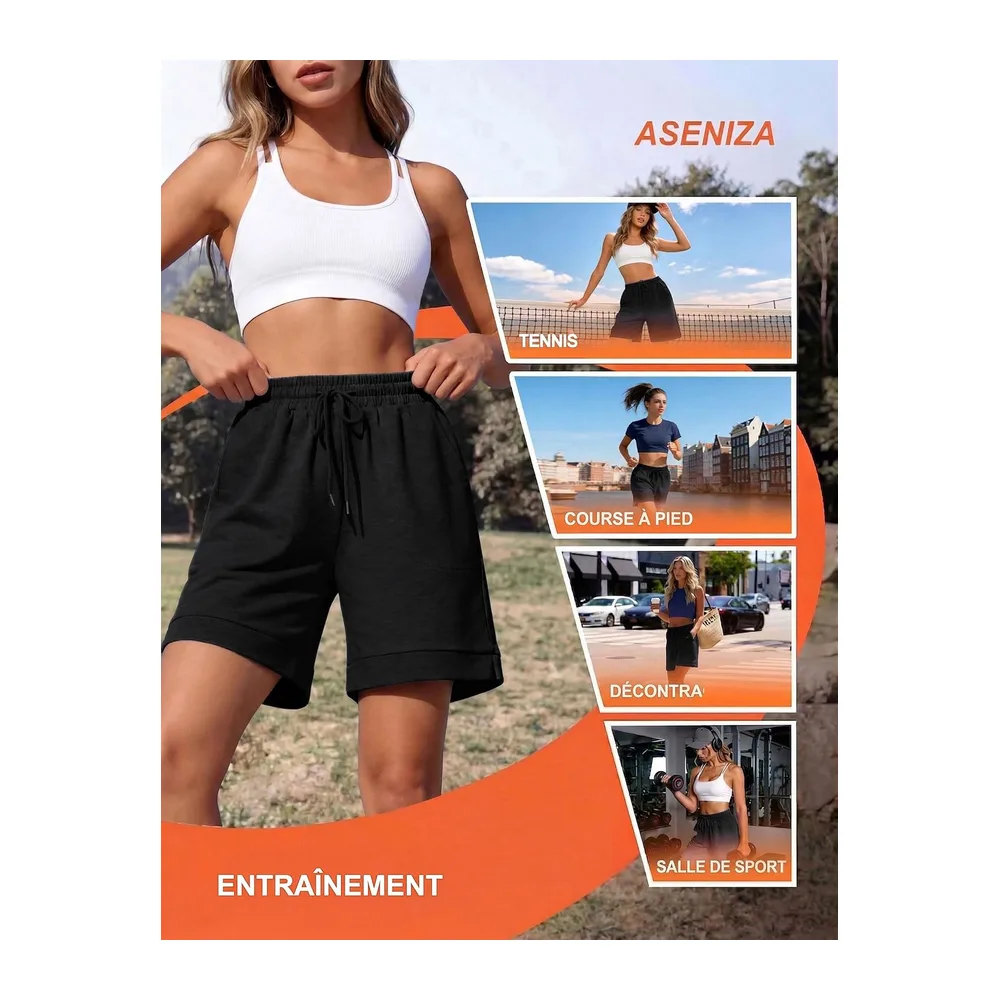 Short Sport Baggy Bermuda Shorts De Yoga Coton Été Confortable Et Léger pour L'Été — Noir