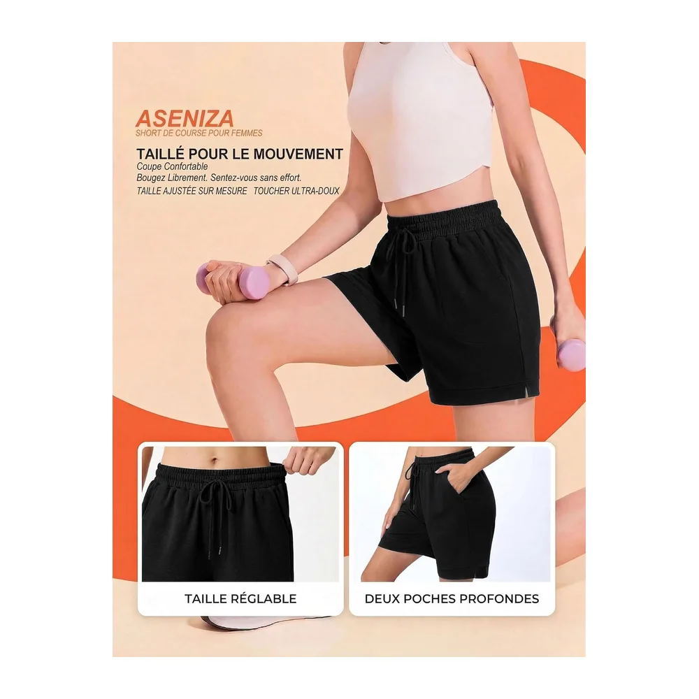 Short Sport Baggy Bermuda Shorts De Yoga Coton Été Confortable Et Léger pour L'Été — Noir