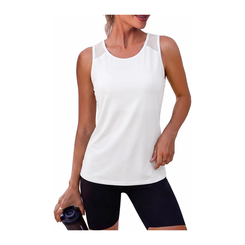 Lightweight Mesh Sleeveless Sports T-Shirt Breathable Quick Dry for Yoga — A# Blanc