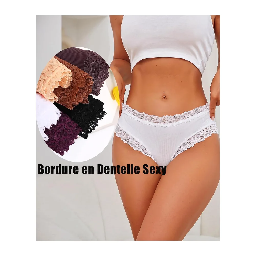 Sous-vêtements en Coton Caleçons Slip Dentelle — Noir, Blanc, Rose, Date, Gris, Kaki