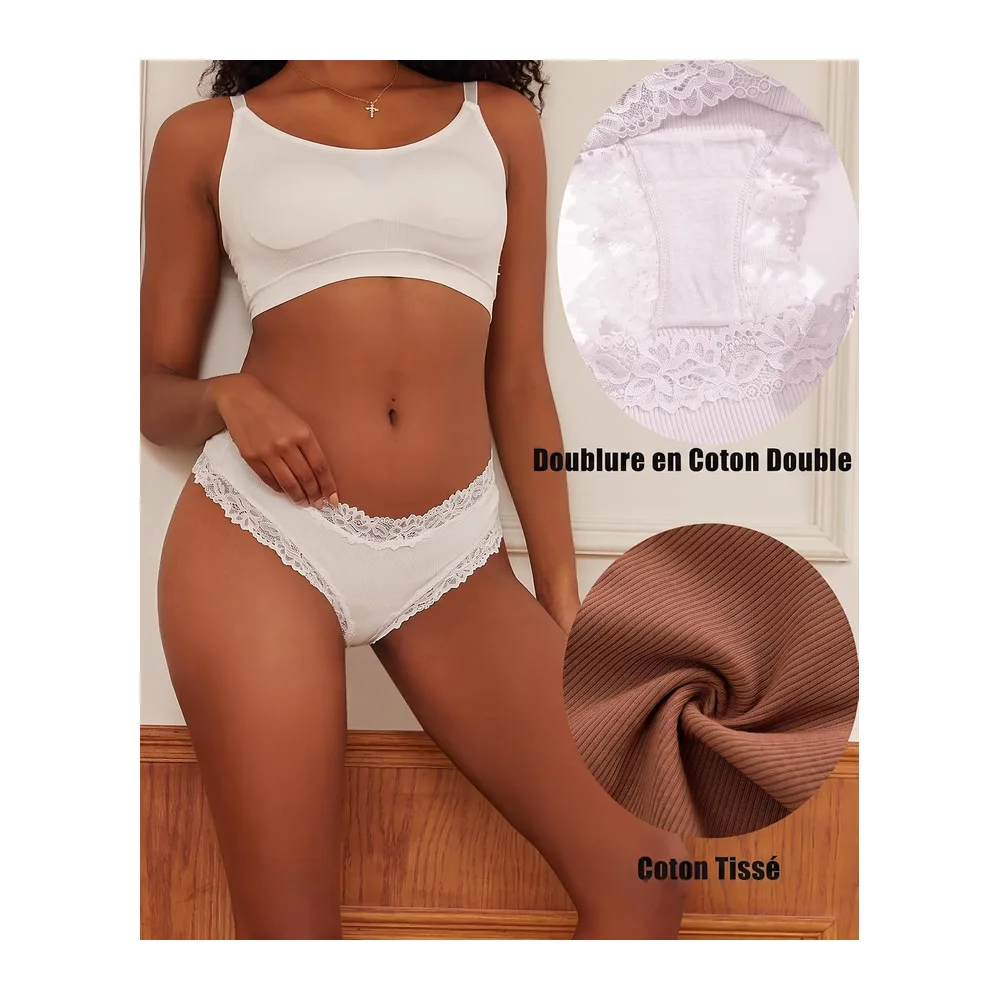 Sous-vêtements en Coton Caleçons Slip Dentelle — Noir, Blanc, Rose, Date, Gris, Kaki