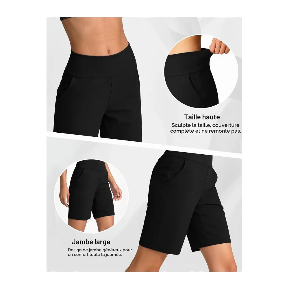 Short Été Bermuda Taille Haute Pantalon de Yoga Jambe Large Pantalon de Sport — Noir
