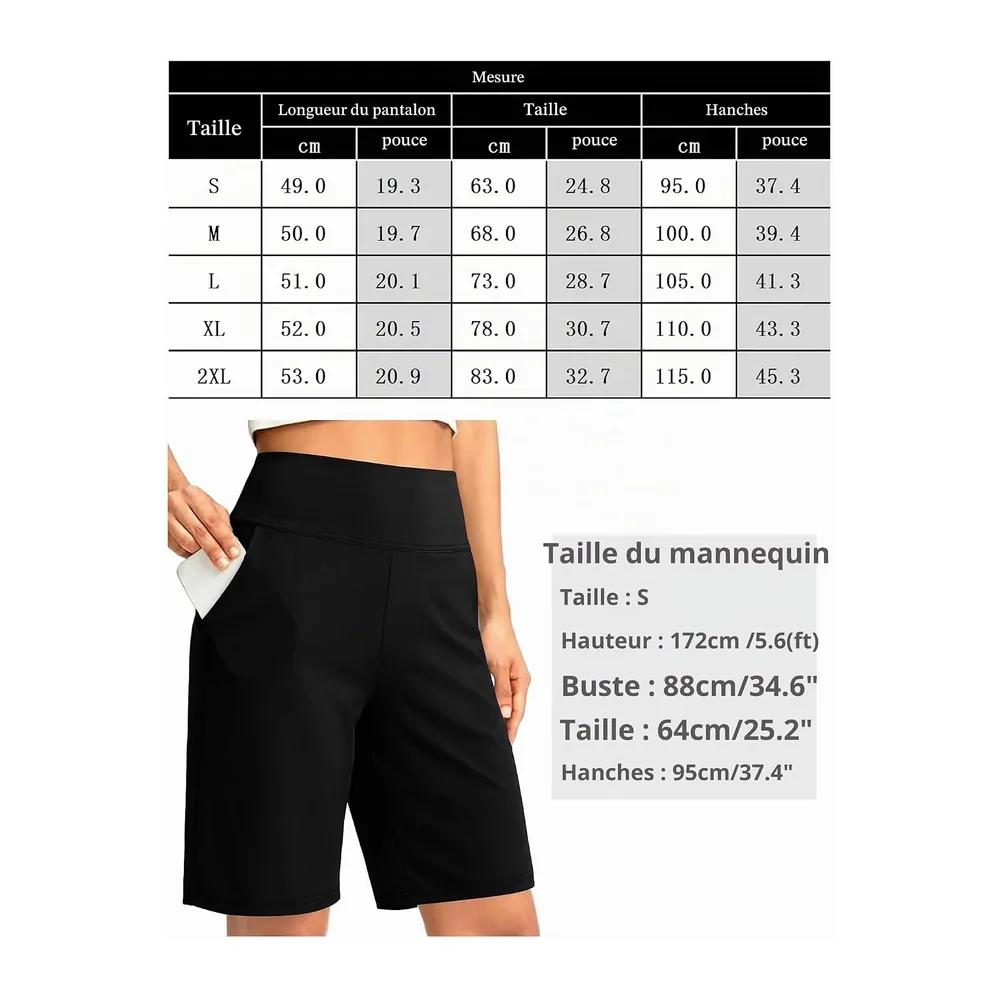 Short Été Bermuda Taille Haute Pantalon de Yoga Jambe Large Pantalon de Sport — Noir
