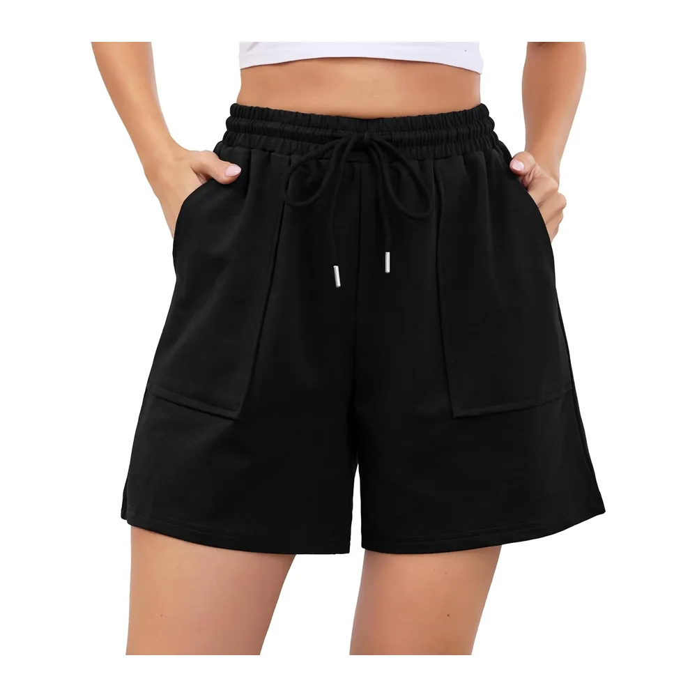 Short de Sport Été Short Coton Doux avec Poches et Cordon de Serrage Respirant — Noir