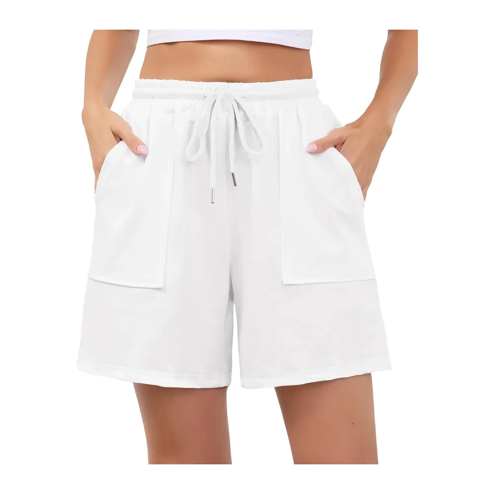 Short de Sport Été Short Coton Doux avec Poches et Cordon de Serrage Respirant — Blanc