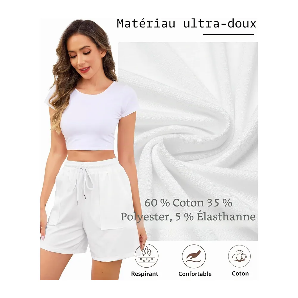 Short de Sport Été Short Coton Doux avec Poches et Cordon de Serrage Respirant — Blanc