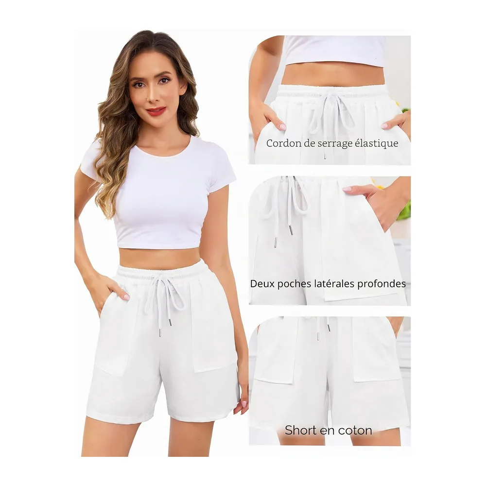 Short de Sport Été Short Coton Doux avec Poches et Cordon de Serrage Respirant — Blanc